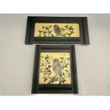 Two Aesthetic Movement painted panels, gilt ground, with owls in naturalistic grounds, ebonised