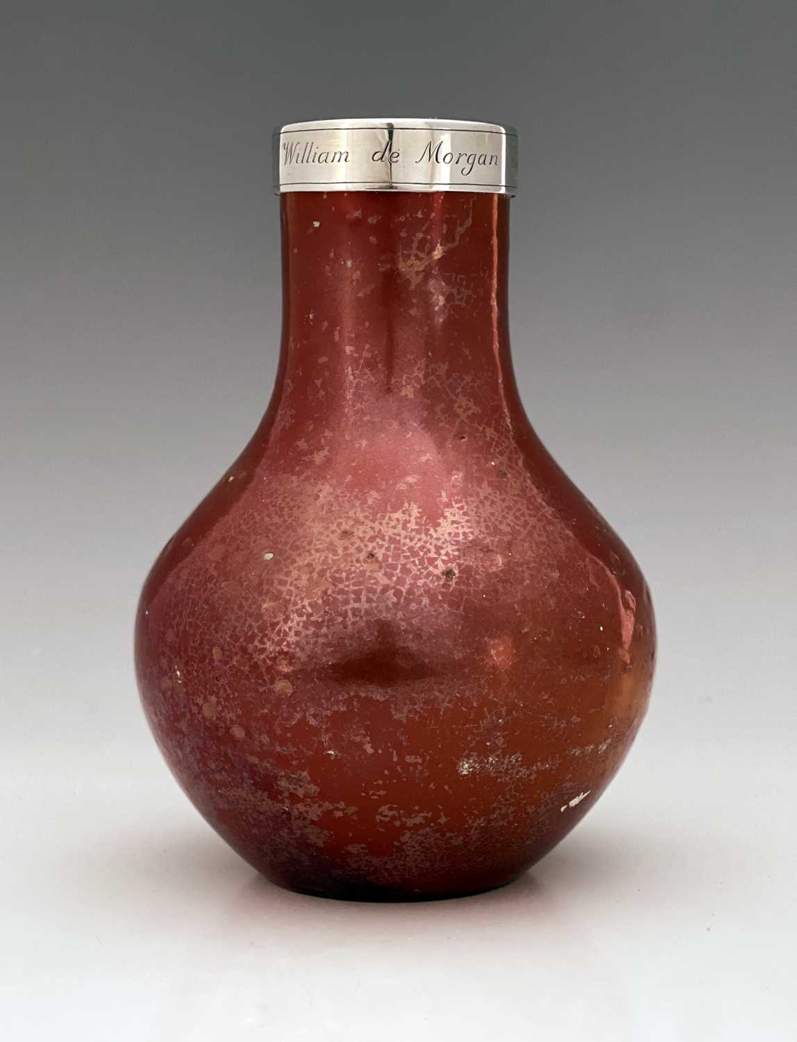 William De Morgan for Sands End pottery, a red lustre vase, circa 1890, bulbous form, later silver