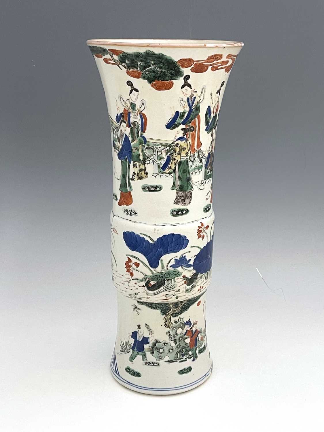 A Chinese Doucai Gu vase, cylindrical flared form, painted in the round with three bands, - Image 8 of 9