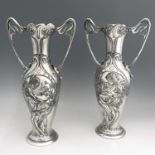 WMF, a large pair of Jugendstil silver plated twin handled vases, elongated inverse baluster form,