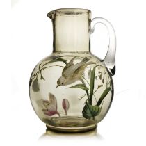 Harrach, a Bohemian enamelled glass jug, circa 1890, ovoid bulbous form, decorated with a bird in
