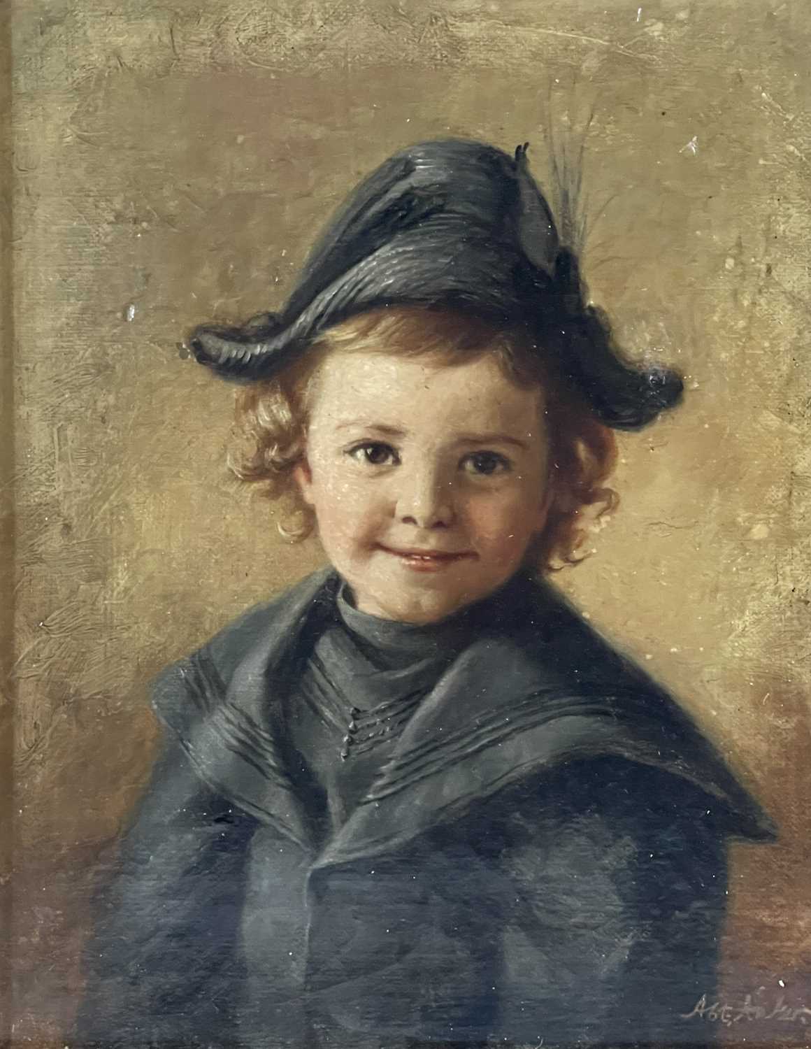 Style of Albert Anker, portrait of a young boy, bust-length wearing a tricorn hat and matching