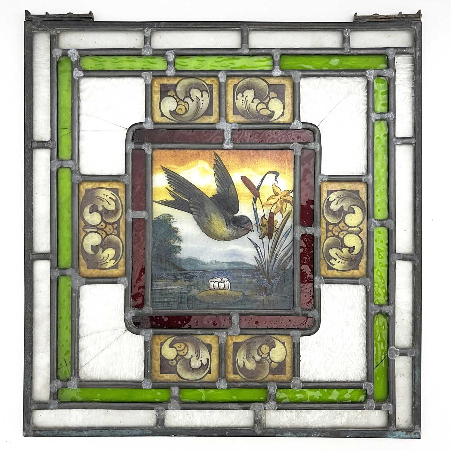 Two Aesthetic Movement leaded glass panels, painted with birds in flight over wetlands, within - Image 5 of 5