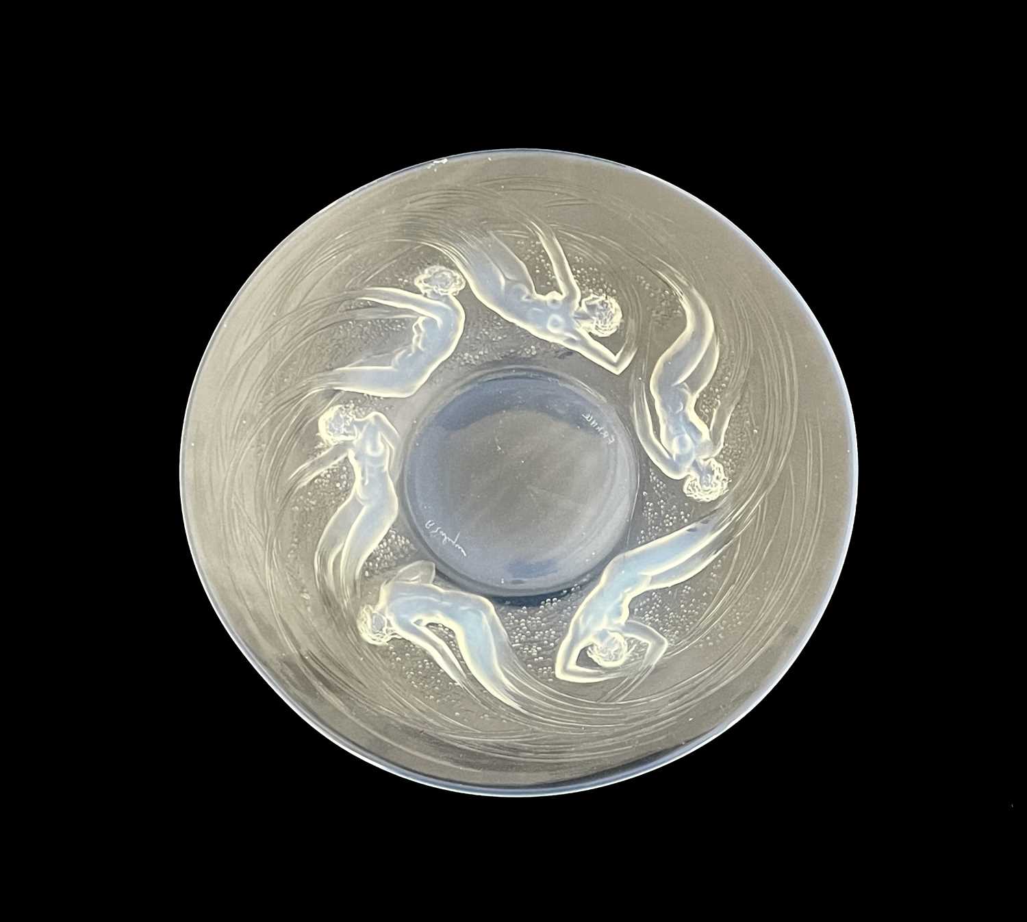 Rene Lalique, an Ondines opalescent glass plate, model 3003, designed circa 1921, frosted and