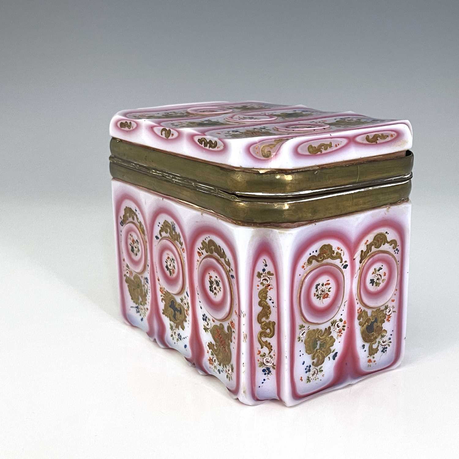 An early 19th century Barfatan enamelled and cased opaline glass casket, French or Bohemian, - Image 2 of 8