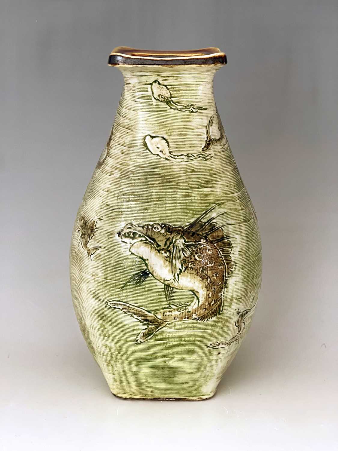 The Martin Brothers, a stoneware Aquatic Gourd vase, 1904, square section ovoid baluster form,