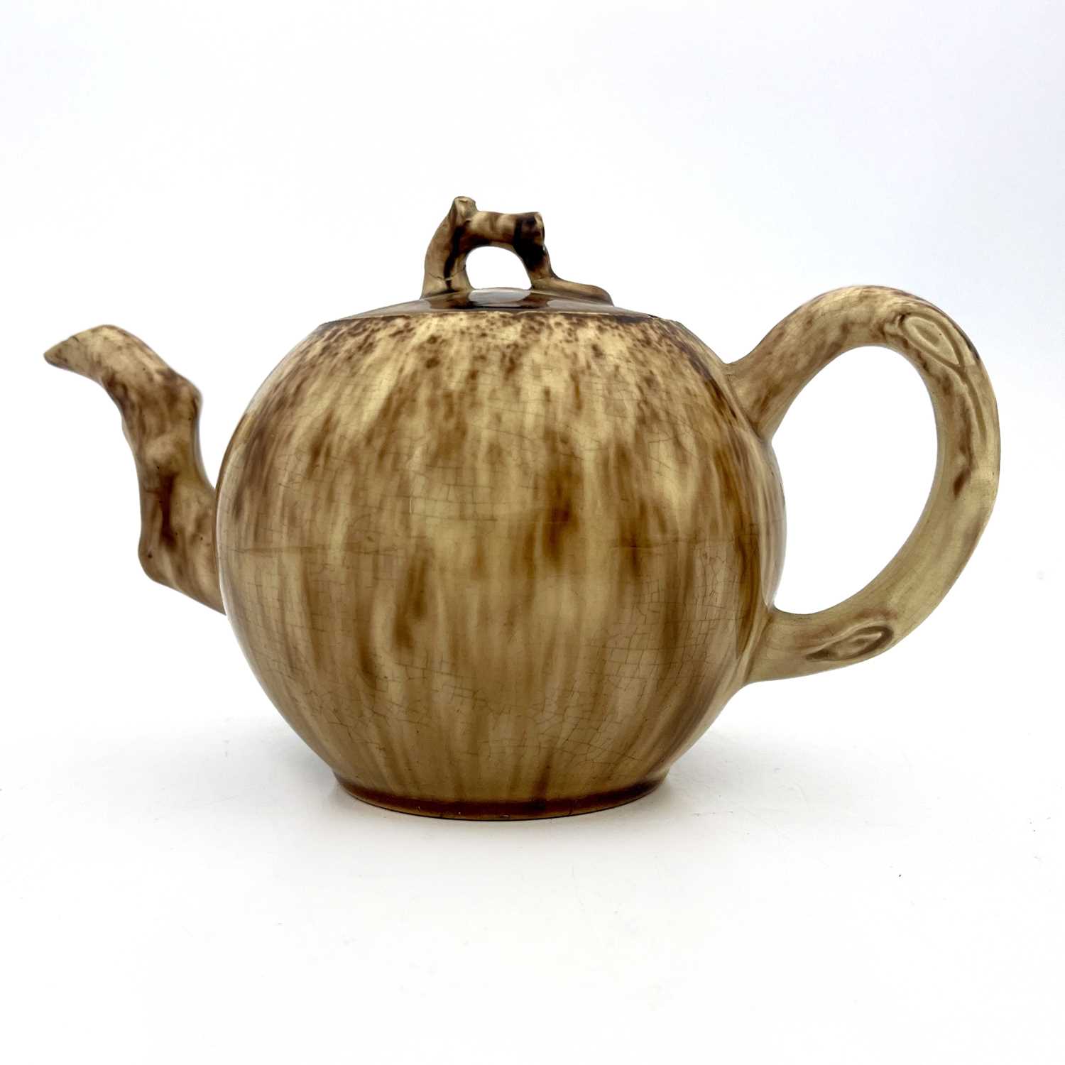 A Whieldon gourd teapot, spherical form with naturalistic knotted branch handle, spout and finial,