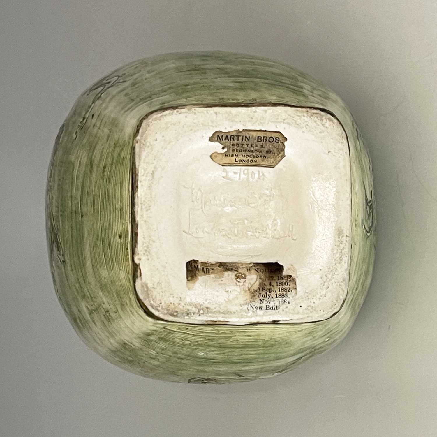 The Martin Brothers, a stoneware Aquatic Gourd vase, 1904, square section ovoid baluster form, - Image 2 of 6