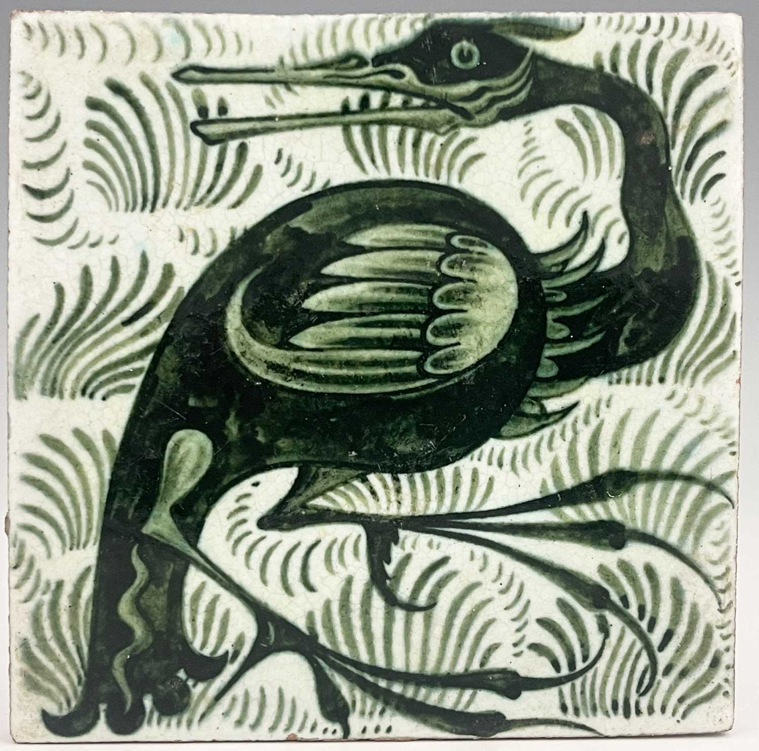 William De Morgan, an Arts and Crafts green Long Clawed Bird tile, circa 1900, painted with a