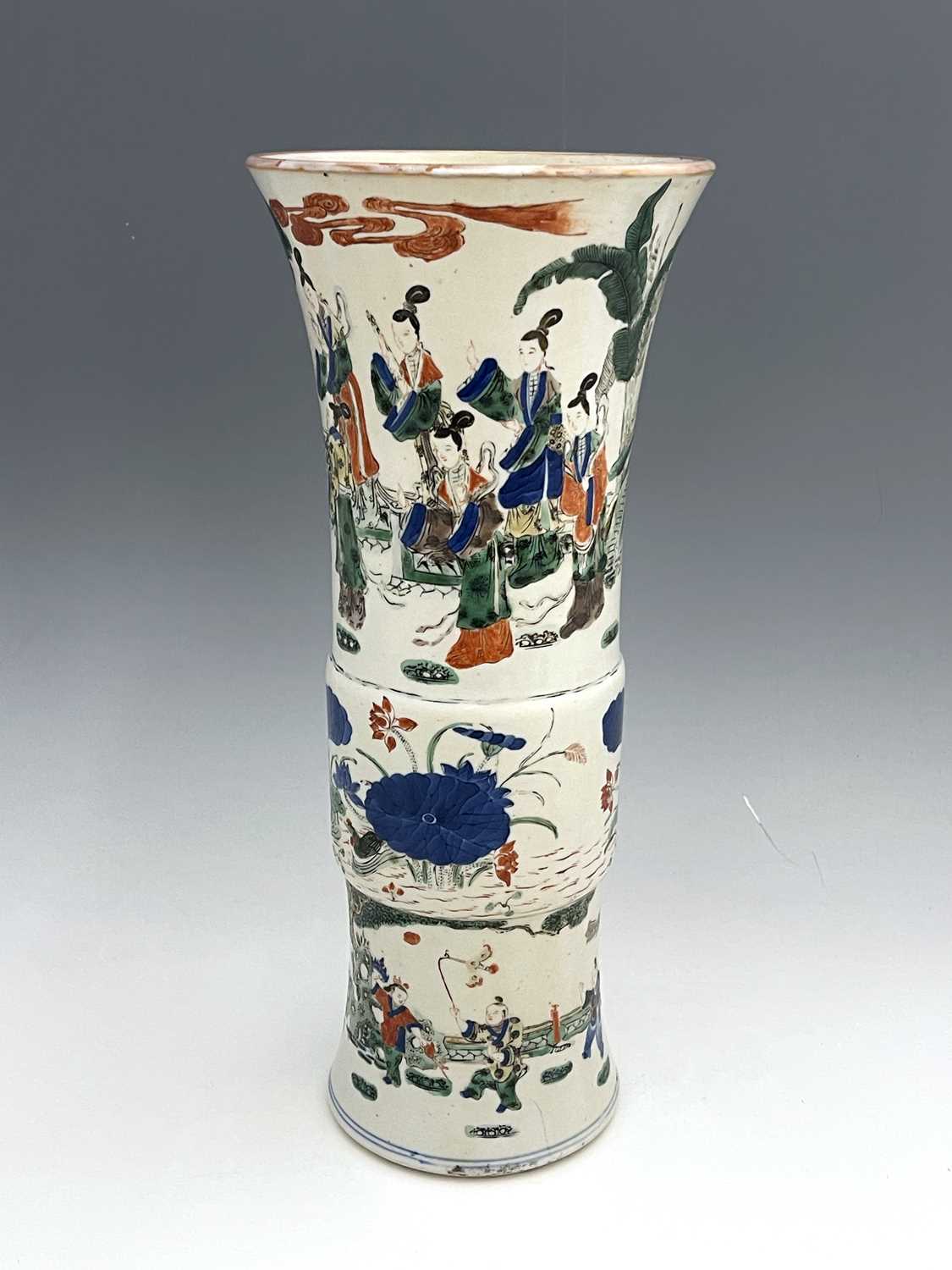 A Chinese Doucai Gu vase, cylindrical flared form, painted in the round with three bands, - Image 9 of 9