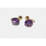 A pair of 14 carat gold and synthetic colour change sapphire earrings, screw fixing, 1cm diameter,