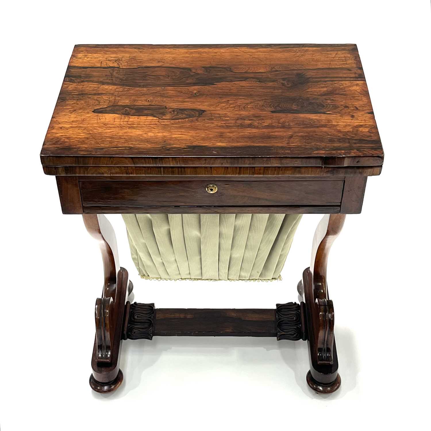 A Regency rosewood work and games table combined, circa 1820, fold-over top with green baize lining, - Image 3 of 6