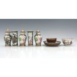 Chinese famille rose ceramics including a miniature altar garniture of five vases, in the Canton
