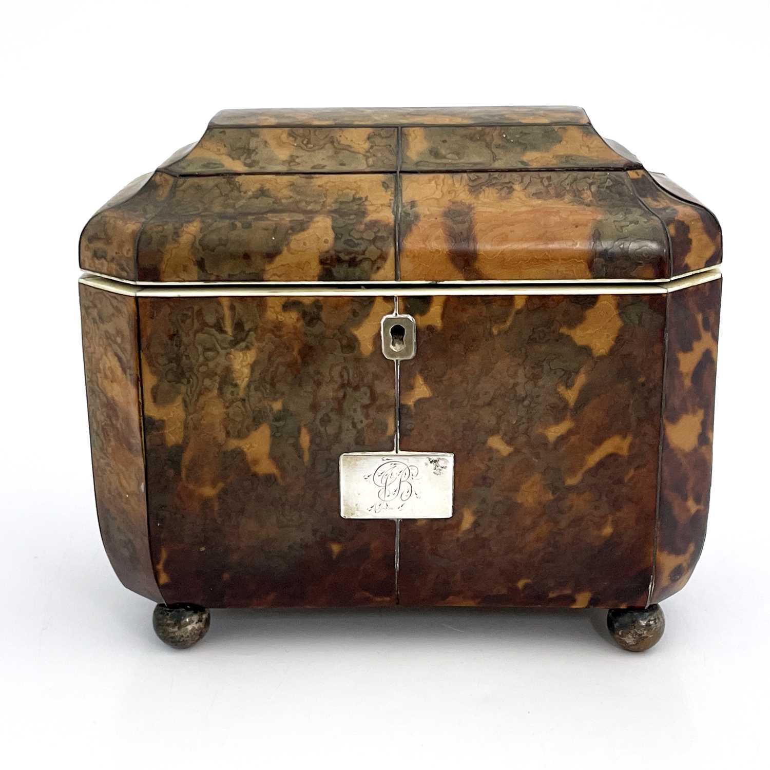 A Regency tortoiseshell tea caddy, circa 1820, of sarcophagus form, silver wire strung, white