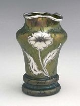 Loetz, a small Secessionist silver overlay iridescent glass vase, Crete Papillon, banded inverse