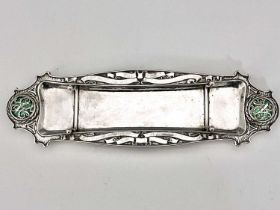 Omar Ramsden and Alwyn Carr, an Arts and Crafts silver and enamelled pen tray, London 1913, twin