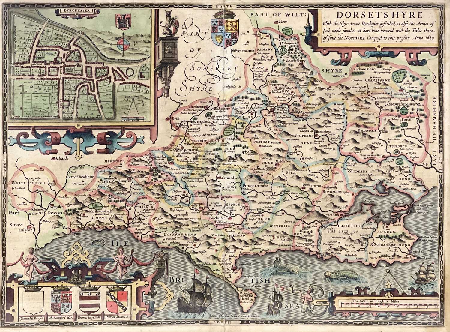 John Speed (British, 1552-1629), map of Dorsetshyre, coloured engraving, 38 by 51cm, framed.