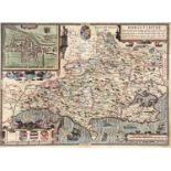 John Speed (British, 1552-1629), map of Dorsetshyre, coloured engraving, 38 by 51cm, framed.