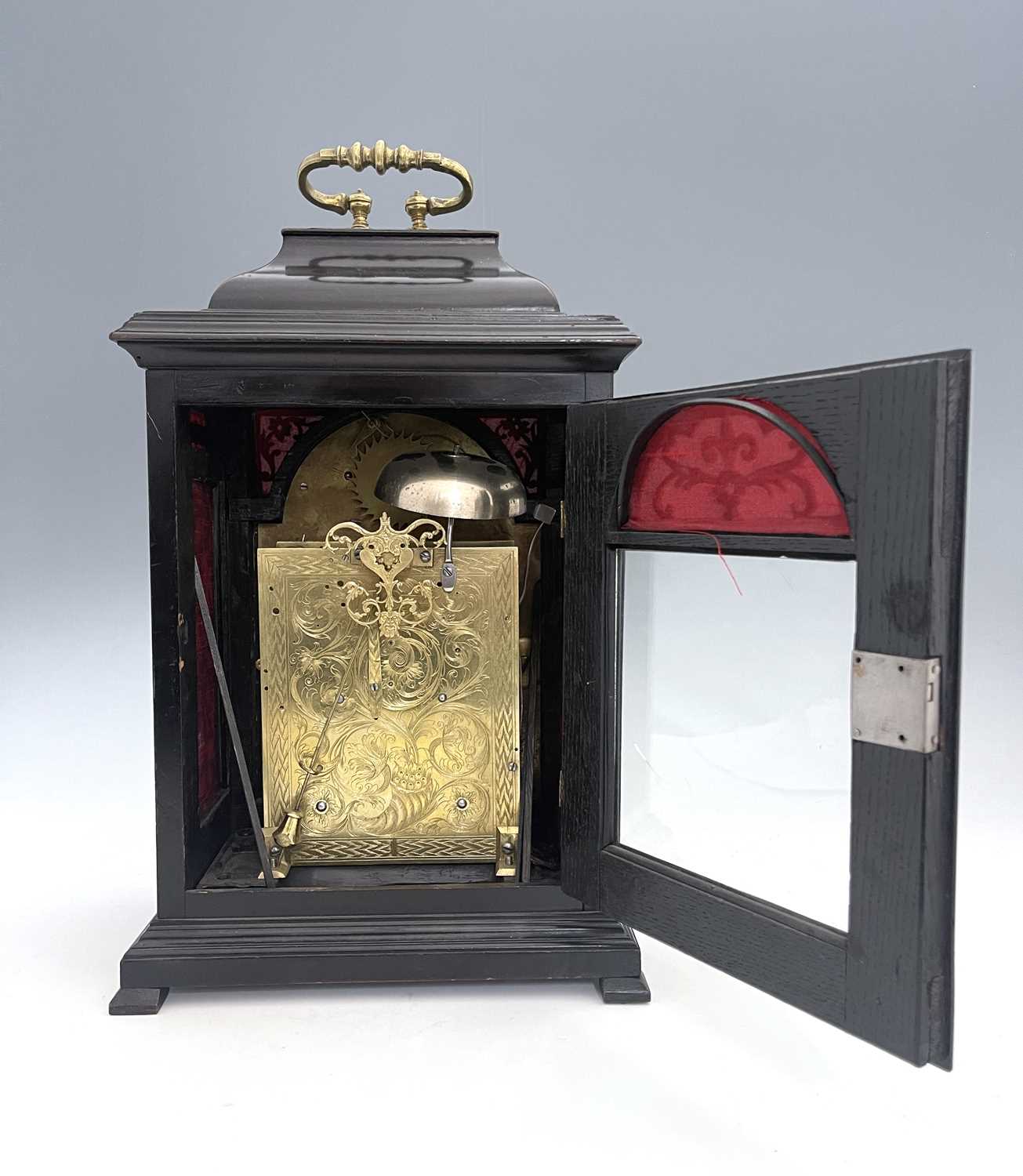 John Clark, London, a George II ebonised bracket clock, caddy top with a brass swing handle, - Image 4 of 7