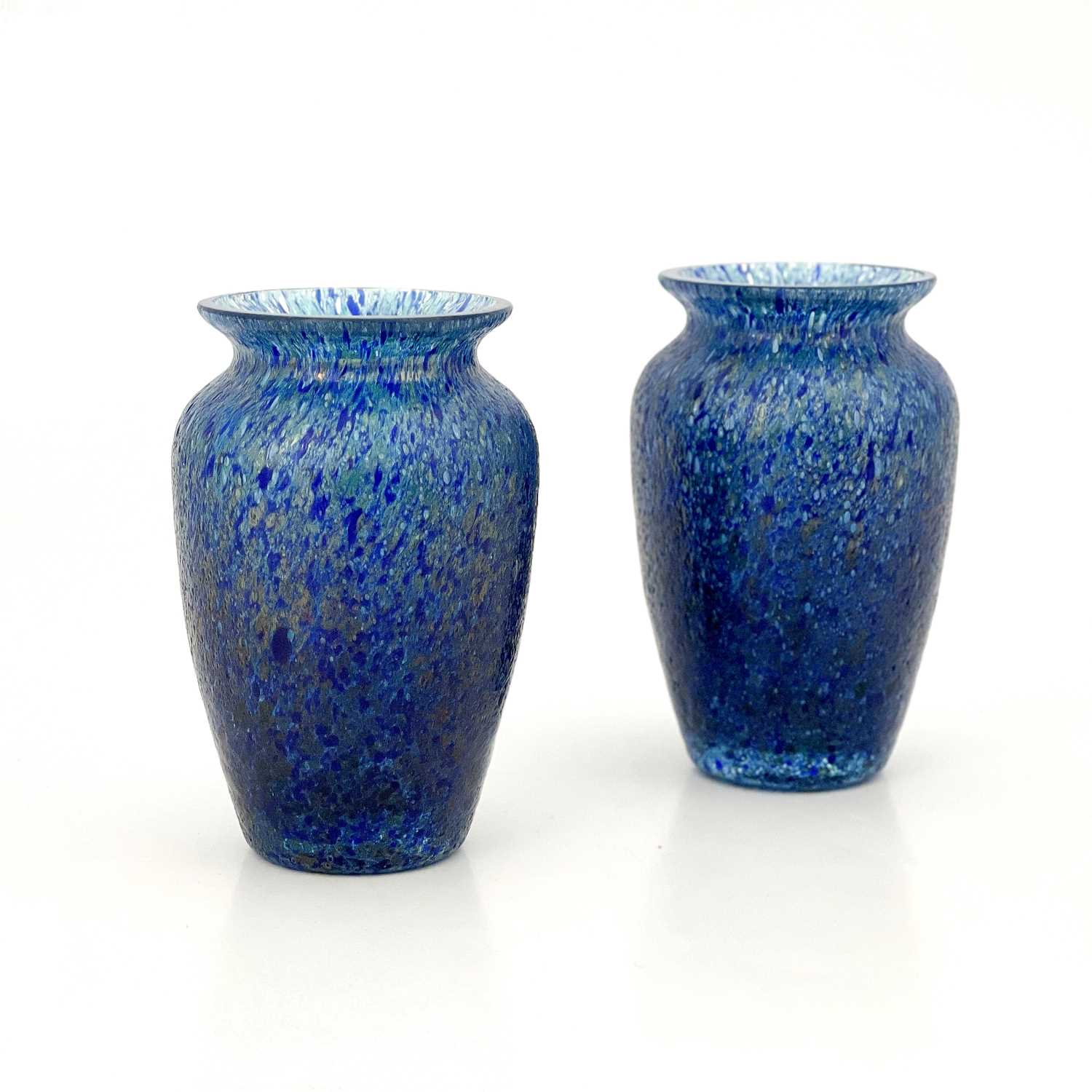 A pair of Royal Brierley studio range glass vases, shouldered form, mottled iridescent blue, green