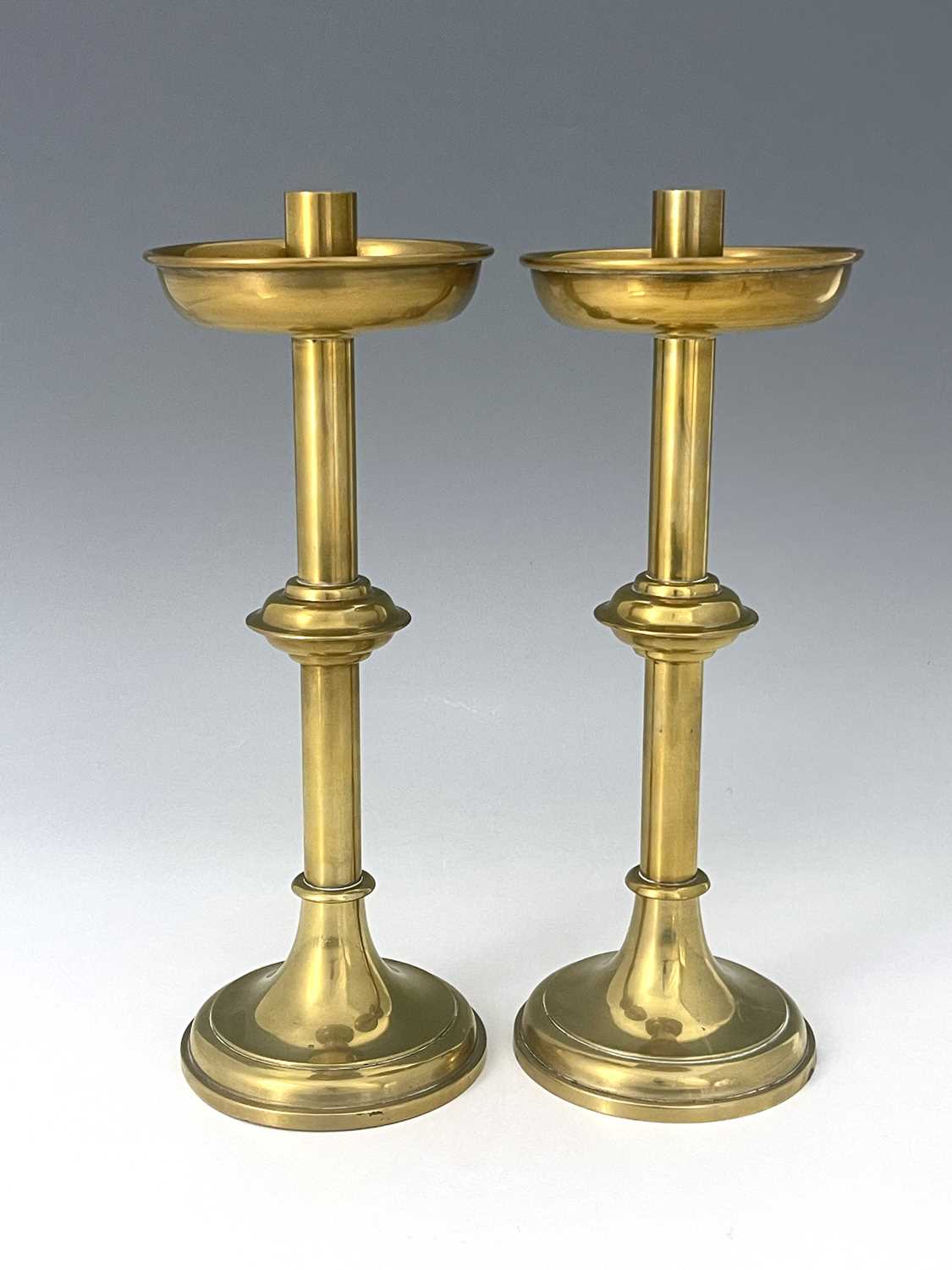 Vanpoulle of Westminster, a pair of Gothic Revival brass candlesticks, cylindrical sconces, - Image 4 of 6