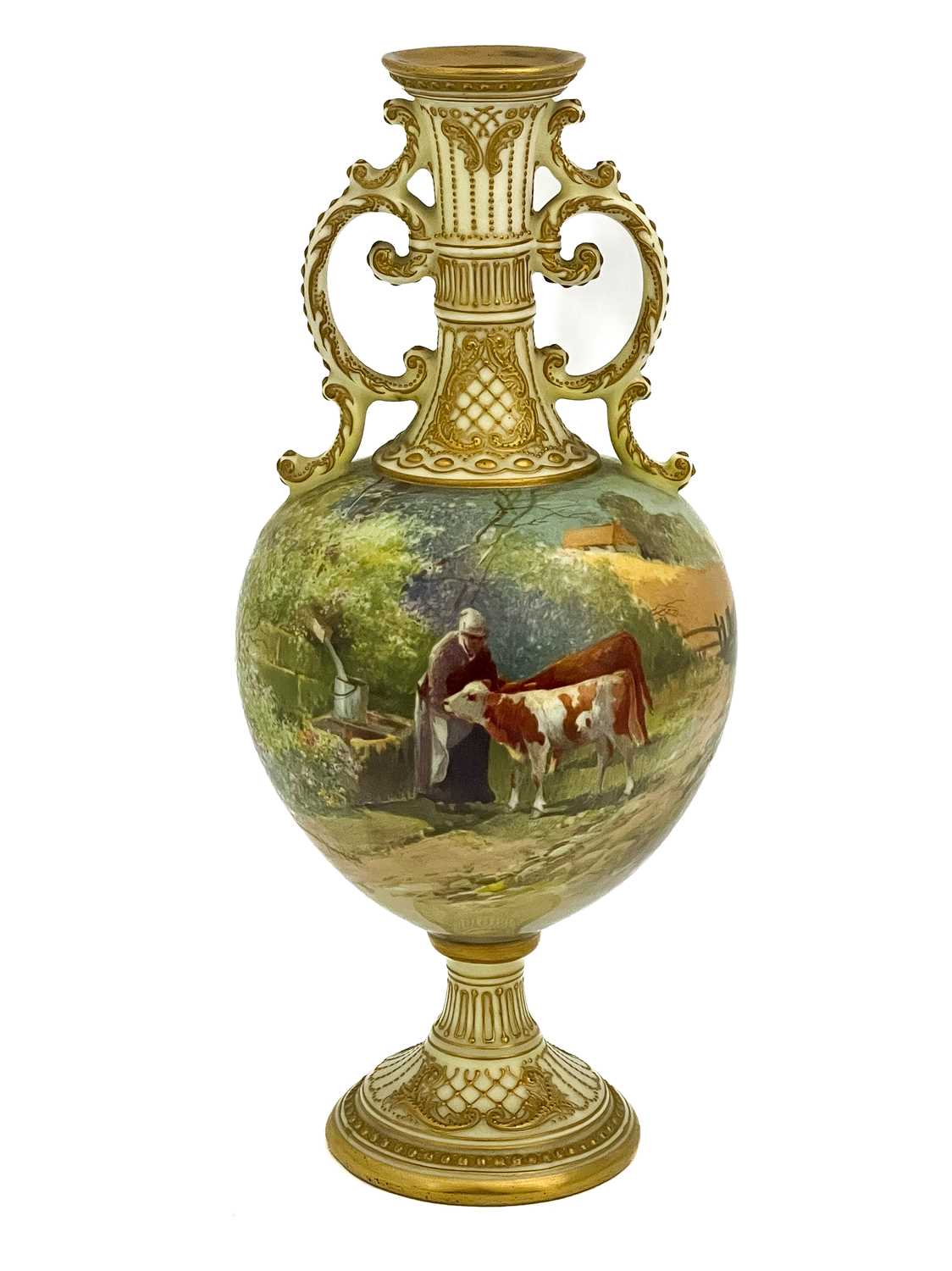 C Beresford Hopkins for Royal Doulton, a farm scene painted vase, twin handled pedestal urn form,