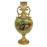 C Beresford Hopkins for Royal Doulton, a farm scene painted vase, twin handled pedestal urn form,