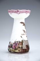 A Vincennes porcelain candlestick, 1745-50, conical hyacinth vase form with ogee rim, the body