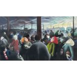 Mackenzie Thorpe (British, 1956), Industrial Gathering, signed with initials l.r., pastel, 80 by