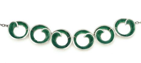 Einar Modal, a Norwegian Modernist silver and enamelled necklace, coiled spiral links in green basse