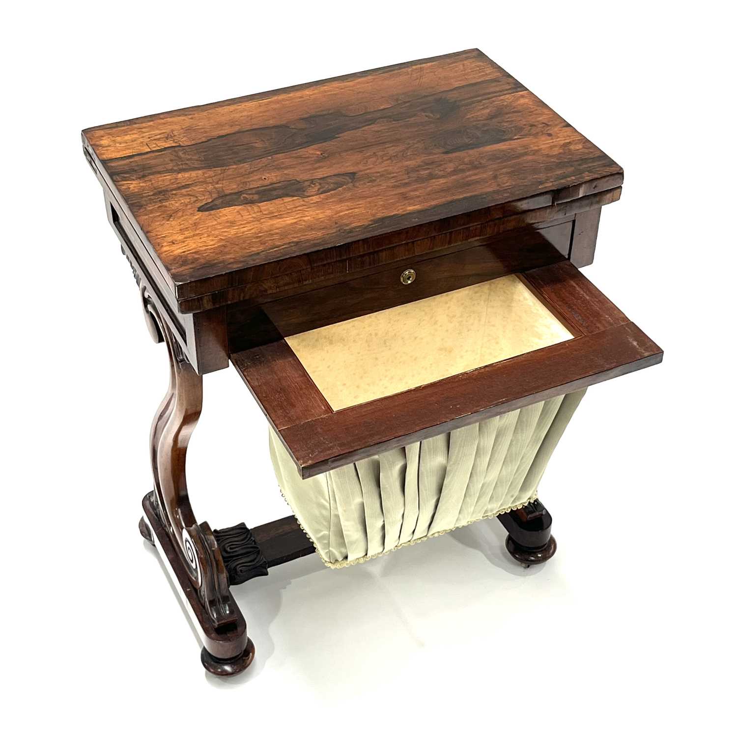 A Regency rosewood work and games table combined, circa 1820, fold-over top with green baize lining, - Image 6 of 6