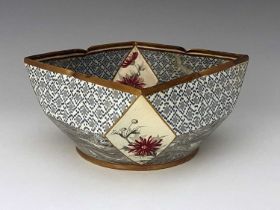 A Doulton and Rix Marqueterie ware bowl, square rim with diamond panel corners painted with