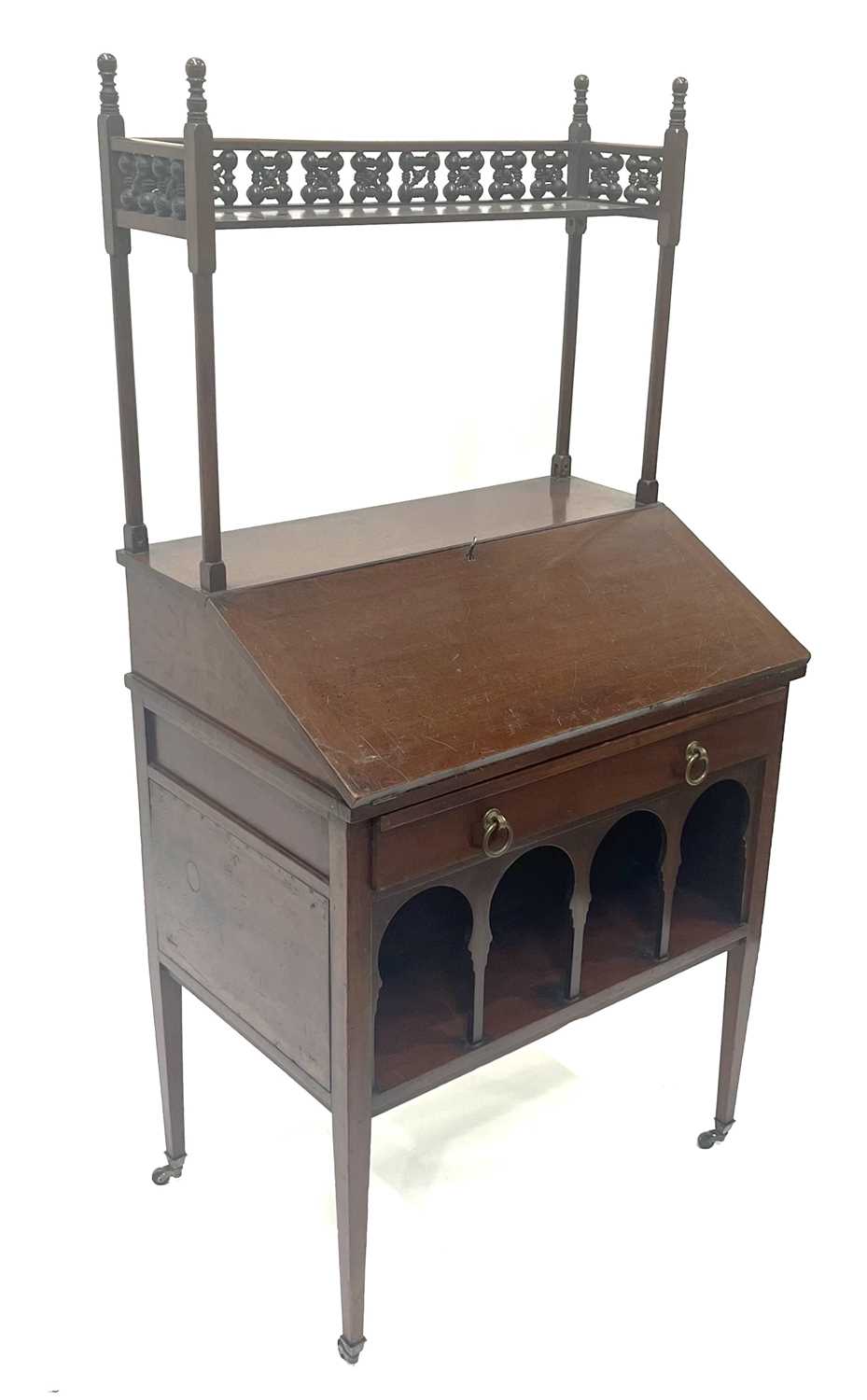 Liberty and Co., an Arts and Crafts walnut Medina writing bureau, circa 1880, in the Moorish