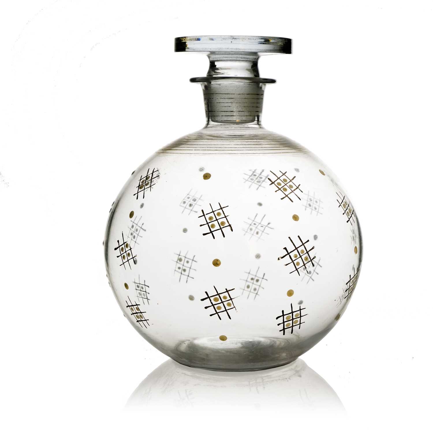 A Mid Century enamelled glass cocktail decanter, Bohemian circa 1950, spherical form, decorated with