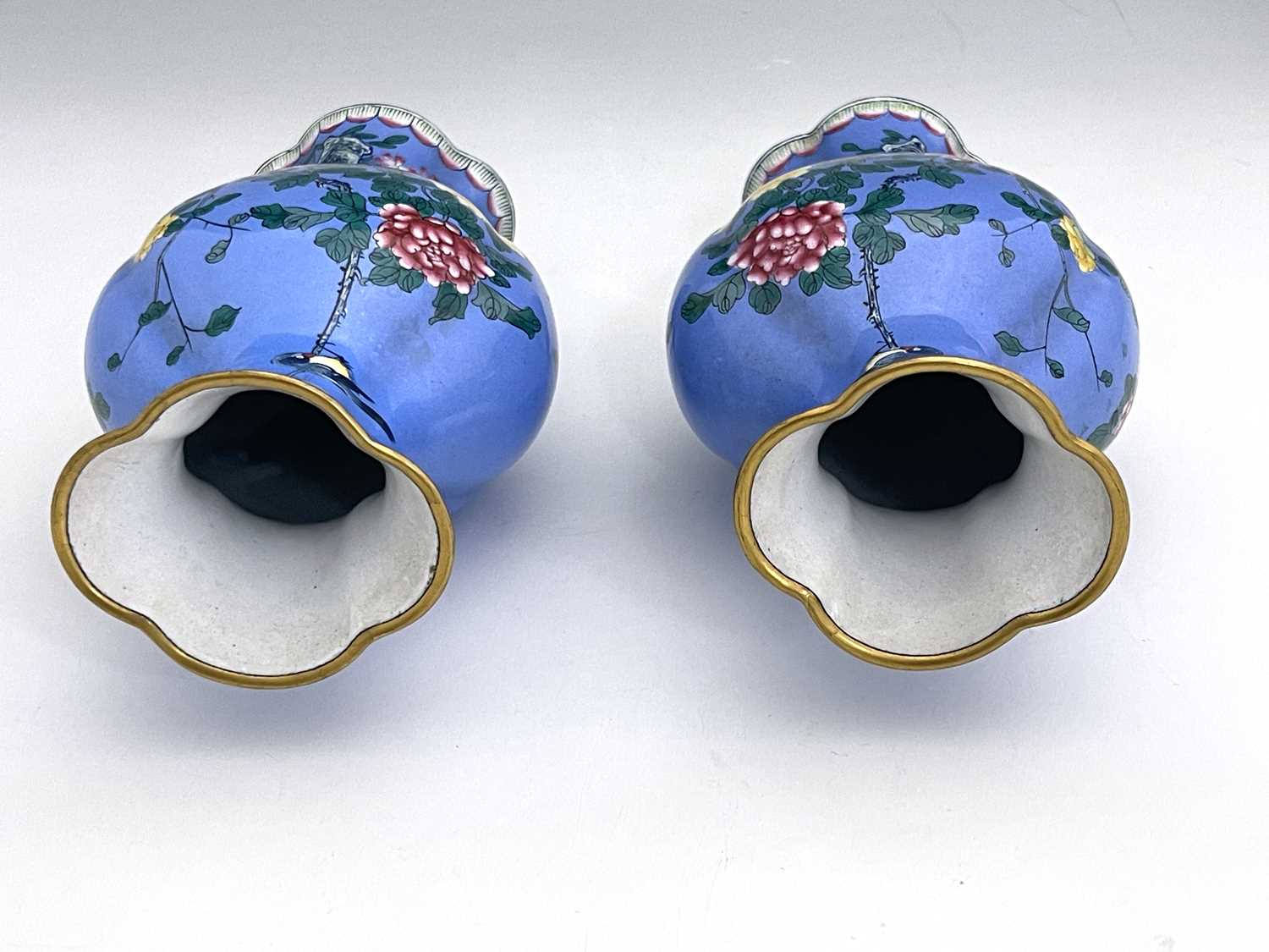 A pair of Chinese famille rose enamelled metal vases, lobed baluster form, painted with naturalistic - Image 2 of 4