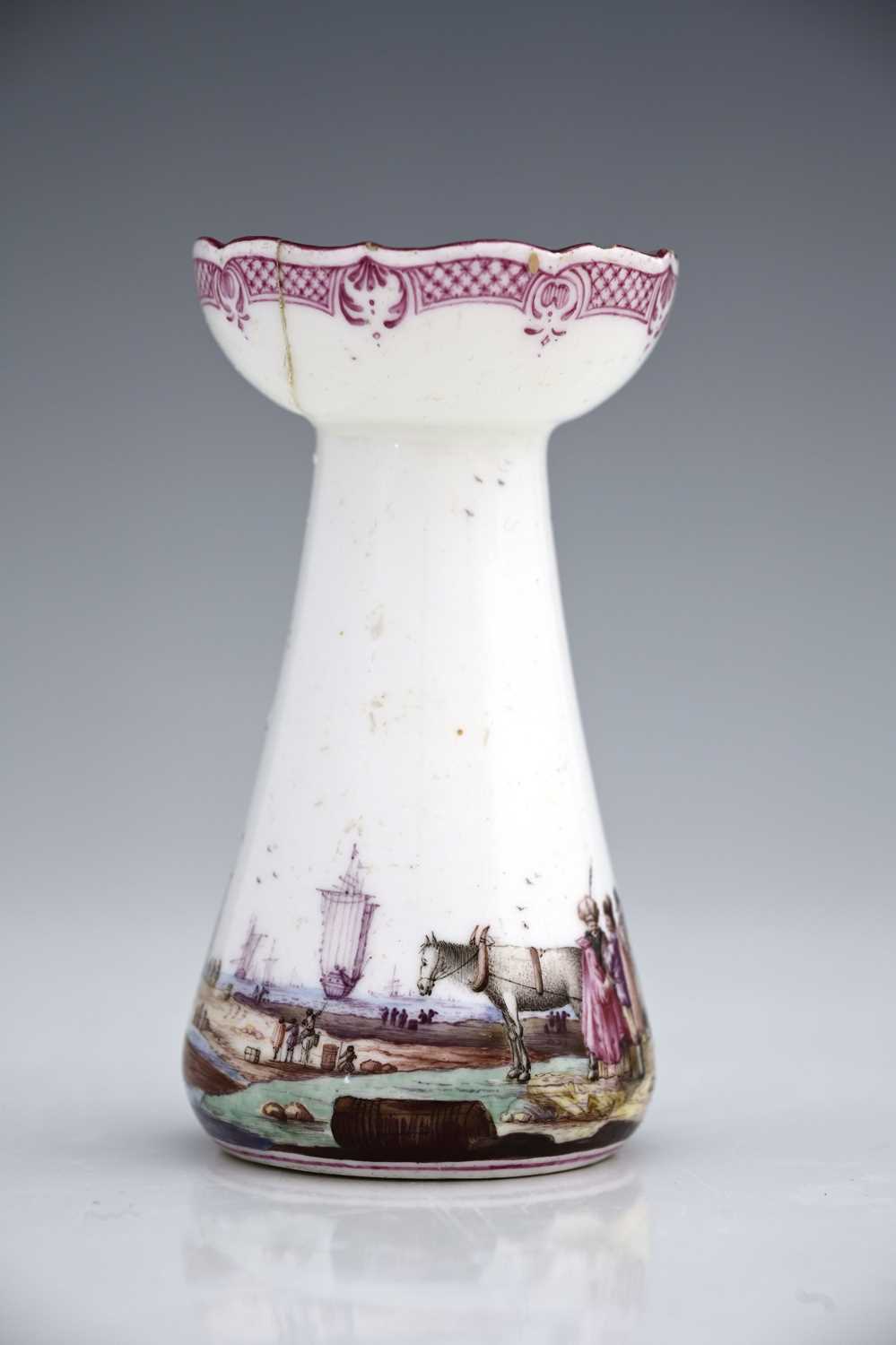 A Vincennes porcelain candlestick, 1745-50, conical hyacinth vase form with ogee rim, the body - Image 5 of 8