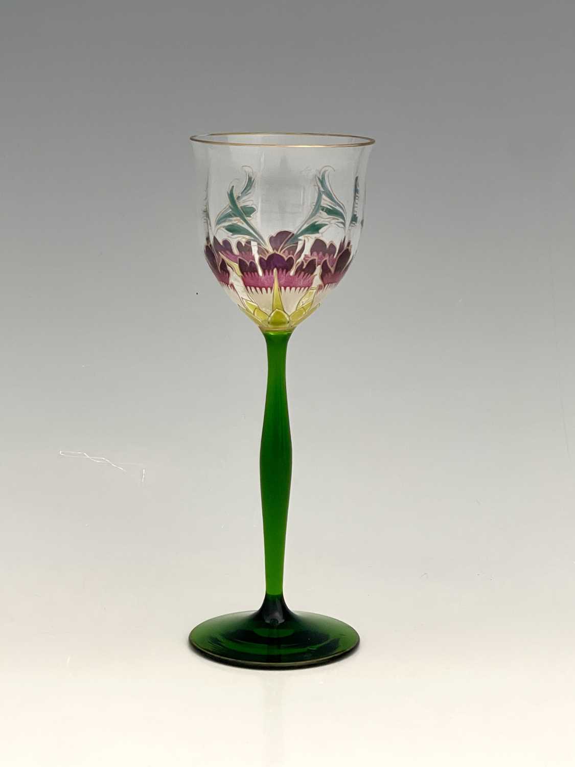 Theresienthal, a Jugendstil enamelled floral wine glass, circa 1900, the optic ribbed ogee tulip