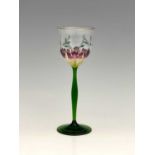 Theresienthal, a Jugendstil enamelled floral wine glass, circa 1900, the optic ribbed ogee tulip