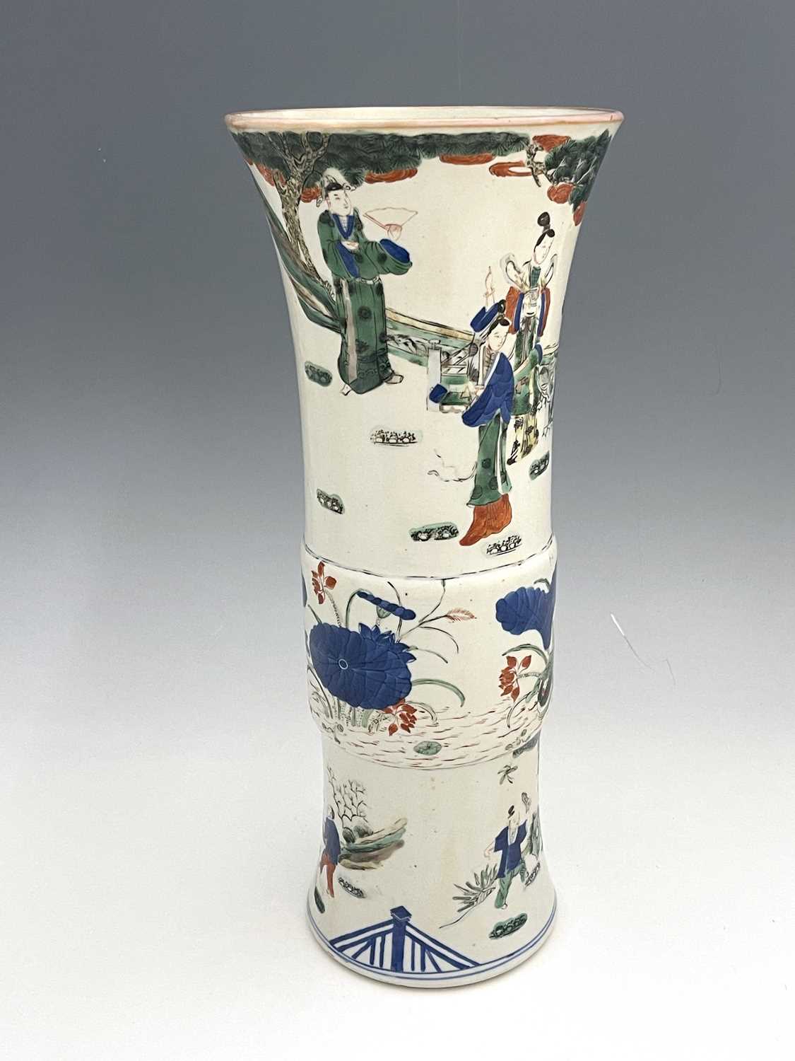 A Chinese Doucai Gu vase, cylindrical flared form, painted in the round with three bands, - Image 5 of 9