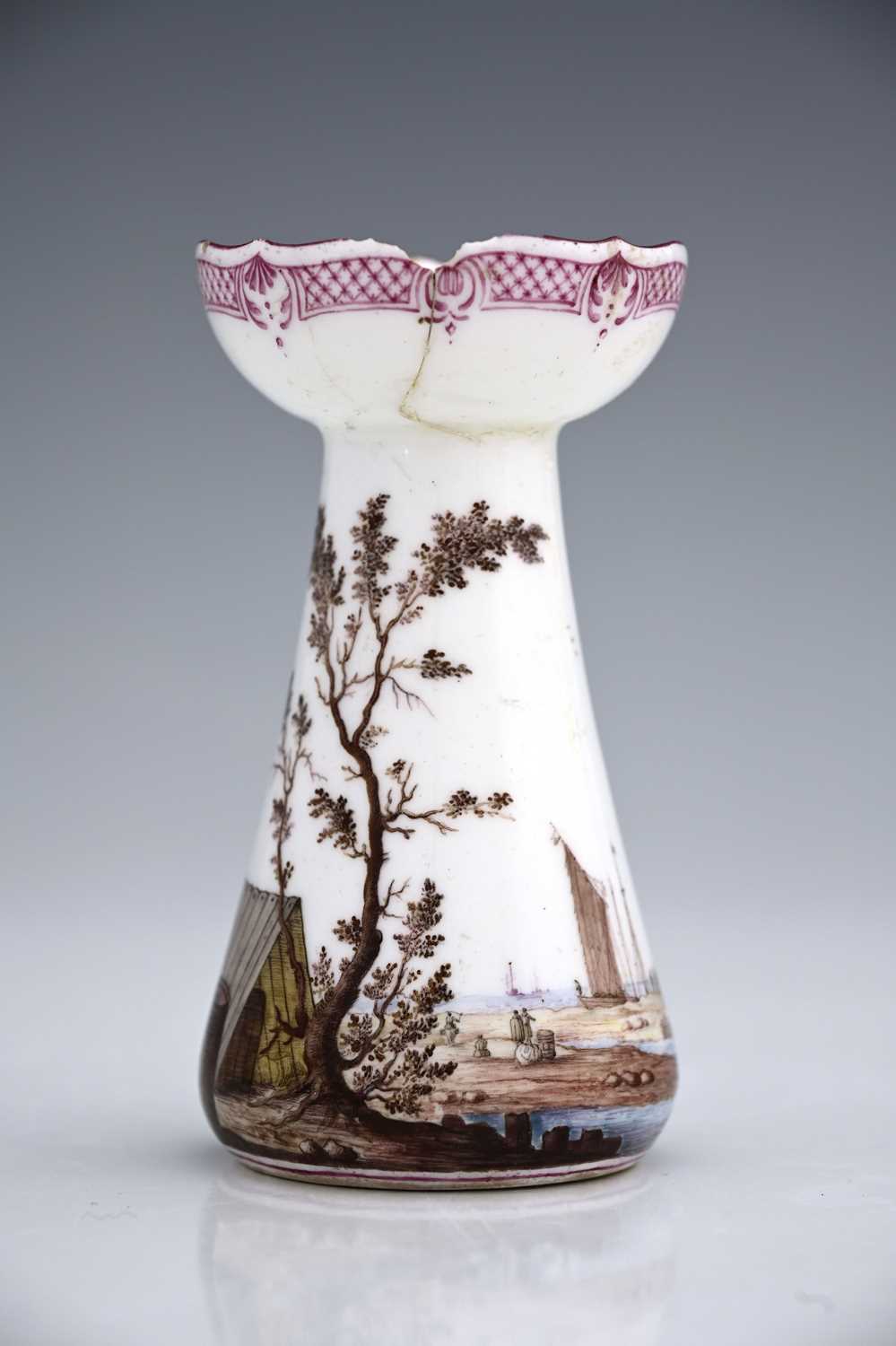 A Vincennes porcelain candlestick, 1745-50, conical hyacinth vase form with ogee rim, the body - Image 4 of 8