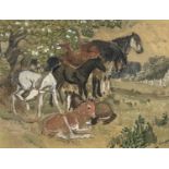 Charles Frederick Tunnicliffe R.A. (British, 1901-1979), horses and foals in pastureland, signed l.