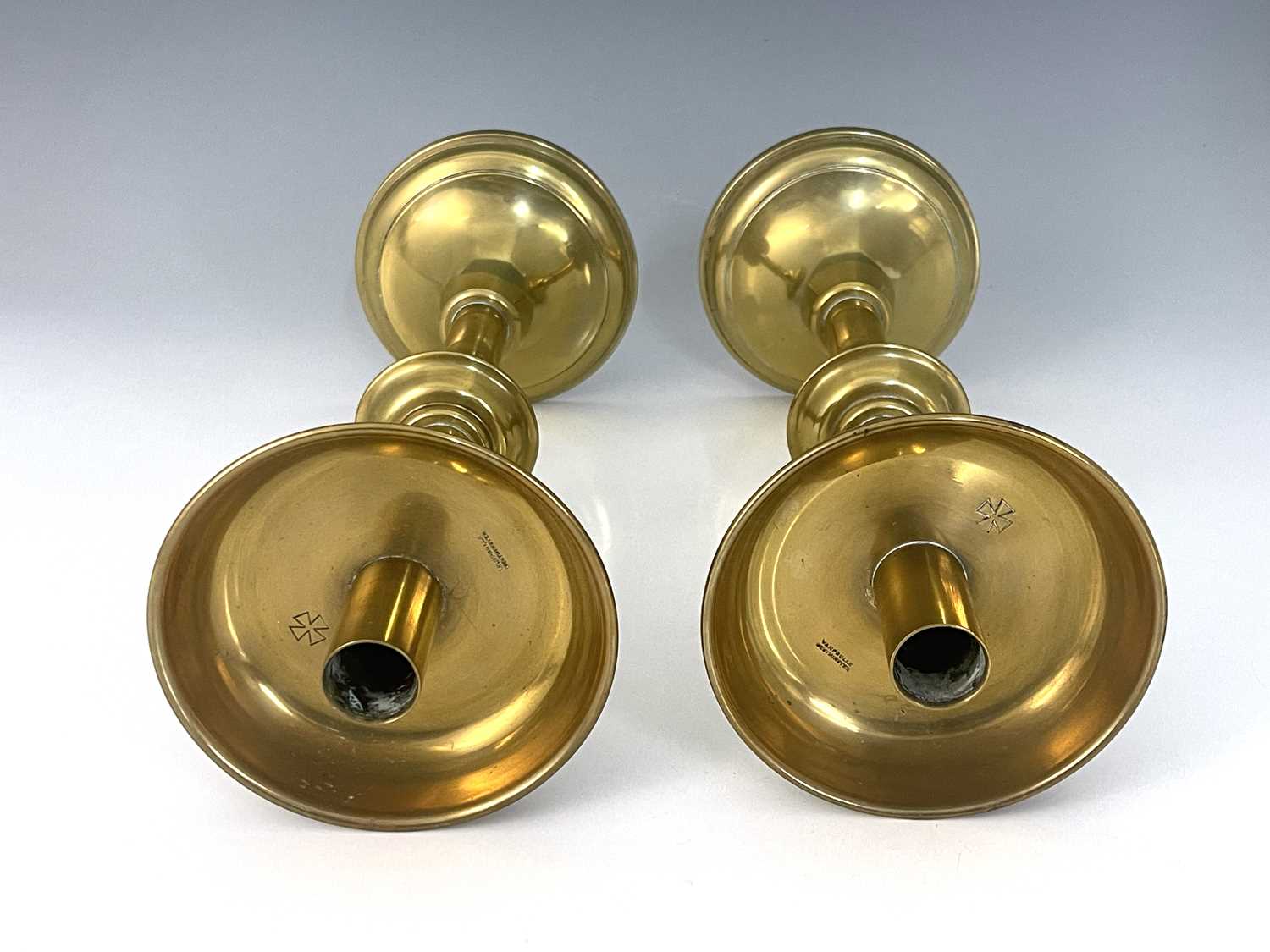 Vanpoulle of Westminster, a pair of Gothic Revival brass candlesticks, cylindrical sconces, - Image 6 of 6