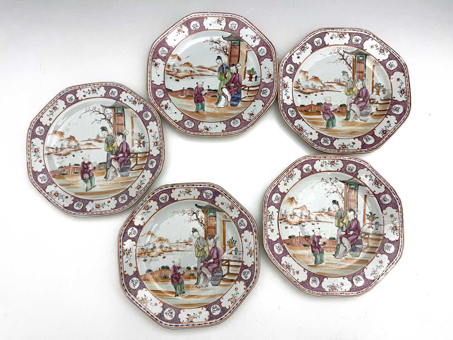 A set of five Chinese famille rose plates, 18th century, octagonal form, painted in the Cantonese - Image 4 of 7