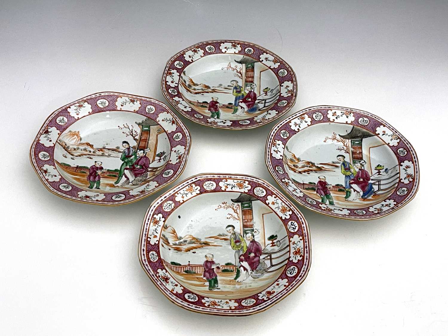 A set of four Chinese famille rose soup plates, 18th century, octagonal form, painted in the - Image 4 of 4