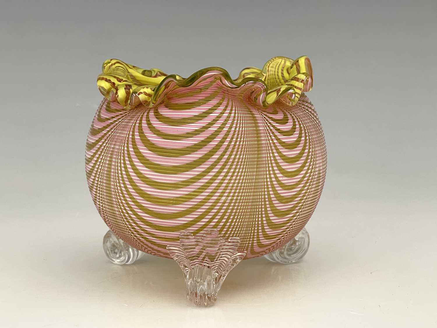 A Stourbridge threaded and combed triple cased glass vase, Richardson, circa 1860s, the ovoid body