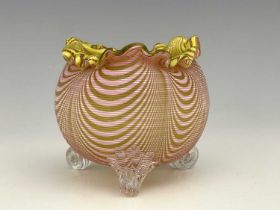 A Stourbridge threaded and combed triple cased glass vase, Richardson, circa 1860s, the ovoid body