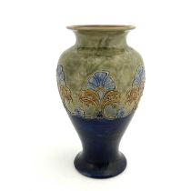A Royal Doulton stoneware vase, inverse baluster form, moulded with foliate fronds, green and blue