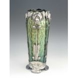 Loetz (attributed), a Secessionist iridescent glass and pewter mounted vase, the elongated barrel