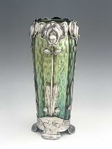 Loetz (attributed), a Secessionist iridescent glass and pewter mounted vase, the elongated barrel