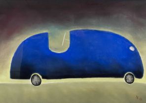 Mackenzie Thorpe (British, 1956), My Blue Car - Never Drive the Car in Hail Stones, Never when God